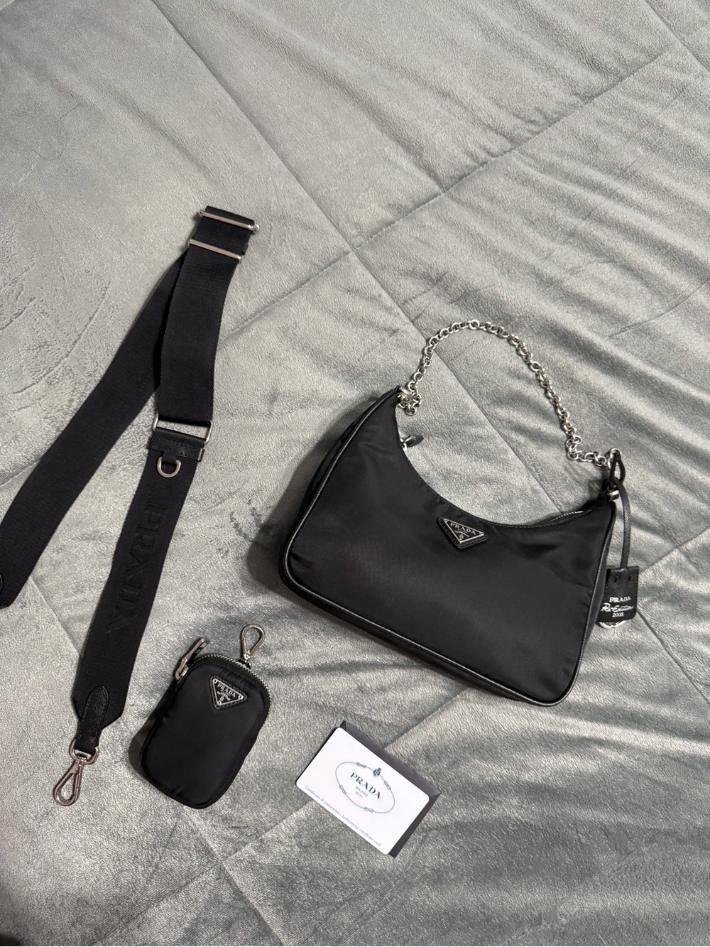 Prada Black Nylon Shoulder Bag with Chain Strap and Removable Webbing